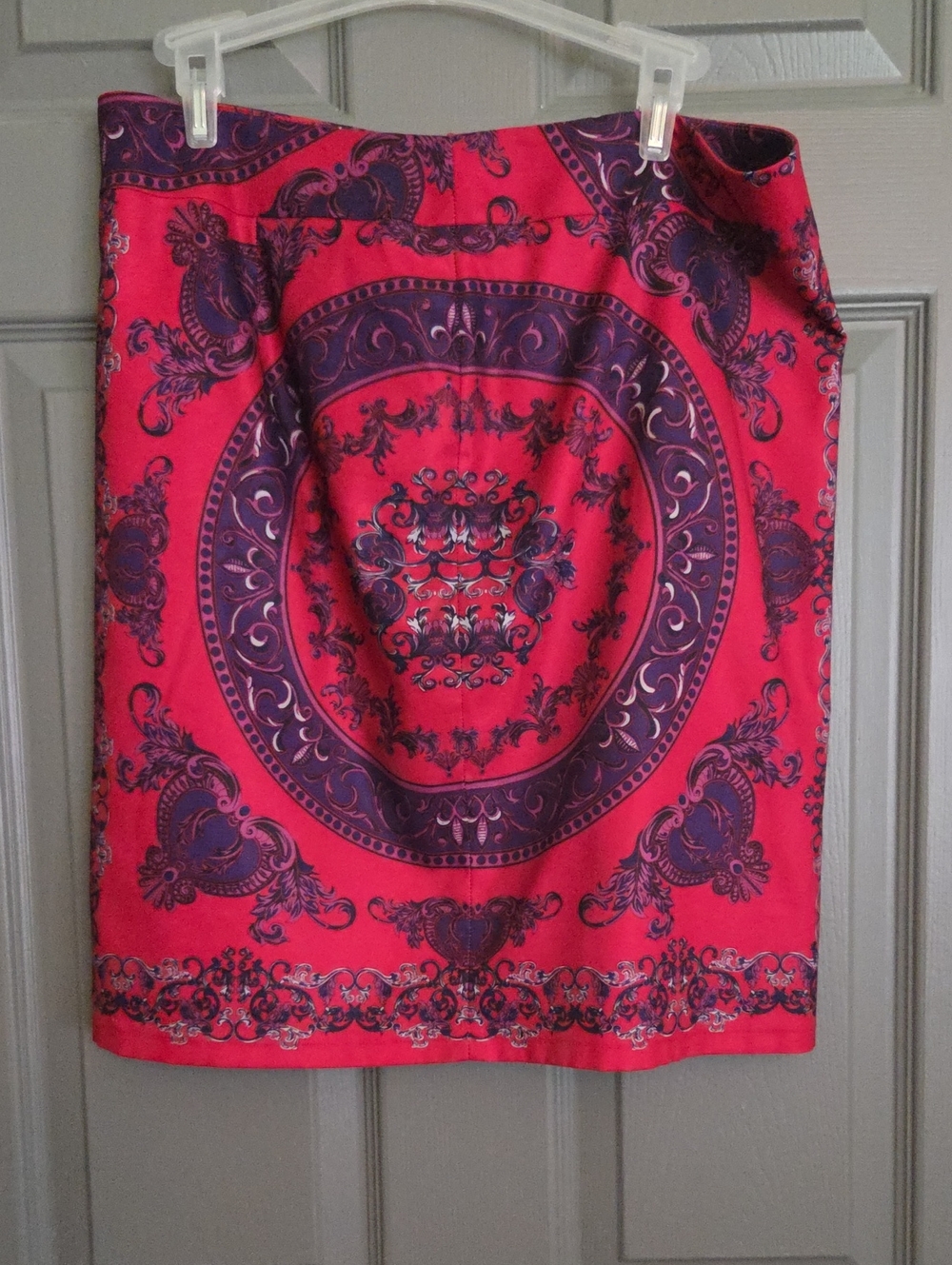 Vibrant Red-Purple Printed Silk Like Pencil Skirt